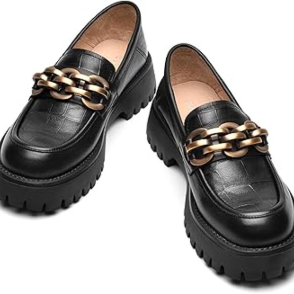 Beau Today Chain Embellished Patent 100% Calf Leather Chunky Loafers - Picture 1 of 9